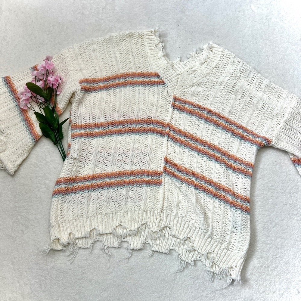 POL Ivory Striped Boho Distressed Sweater - Large